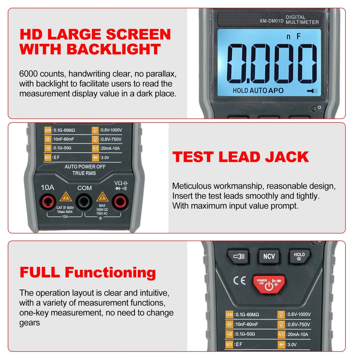 Digital Multimeter KM-DM01D 6000 Counts True RMS for Field and Lab Use