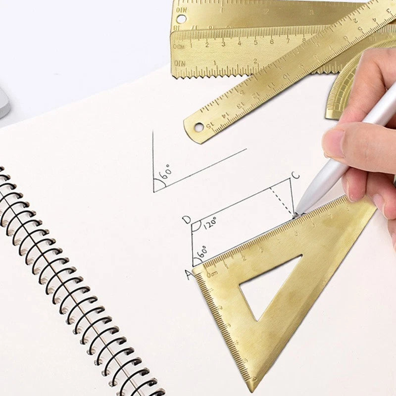 Set of 2 Golden Brass Rulers with Isosceles & Right Angle Triangle Protractor
