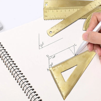 Set of 2 Golden Brass Rulers with Isosceles & Right Angle Triangle Protractor