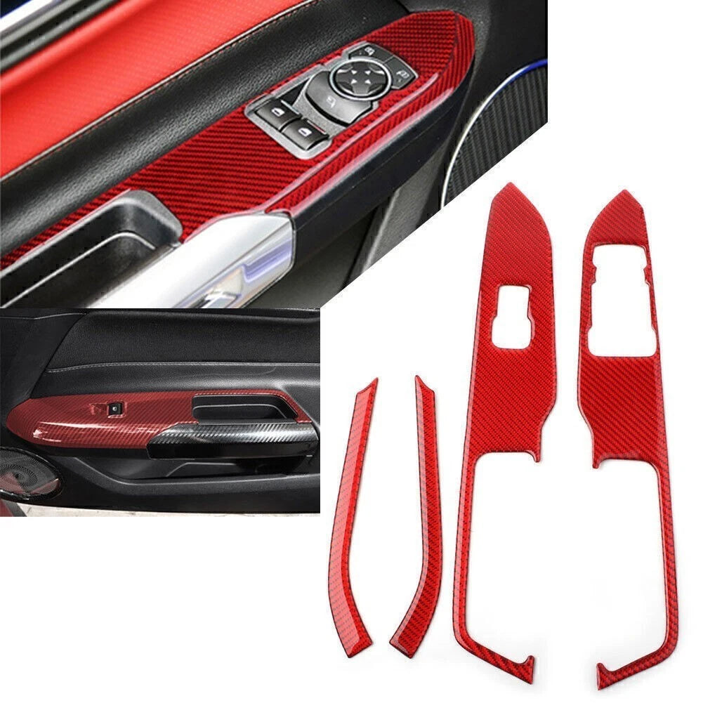 Carbon Fiber Red Window Switch Lock Panel Cover Trim for Ford Mustang (2015–2019)