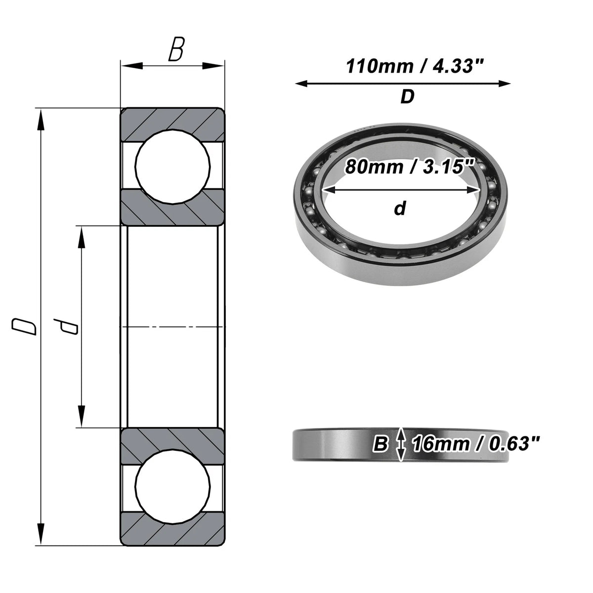 Deep Groove Ball Bearing 80x110x16mm for Scooter Skateboard (1Pc)