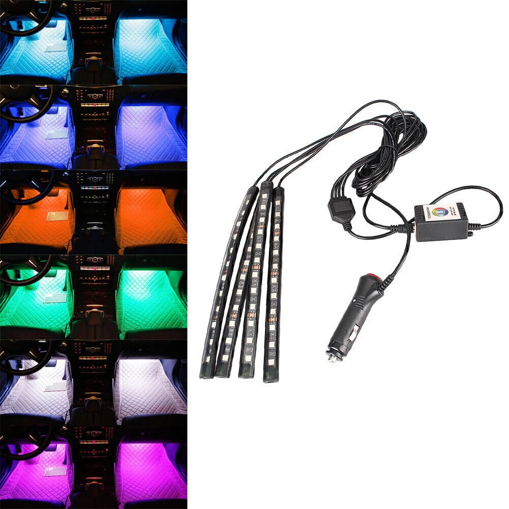 Set of 4 LED RGB Car Interior Atmosphere Strip Lights Wireless Remote Control