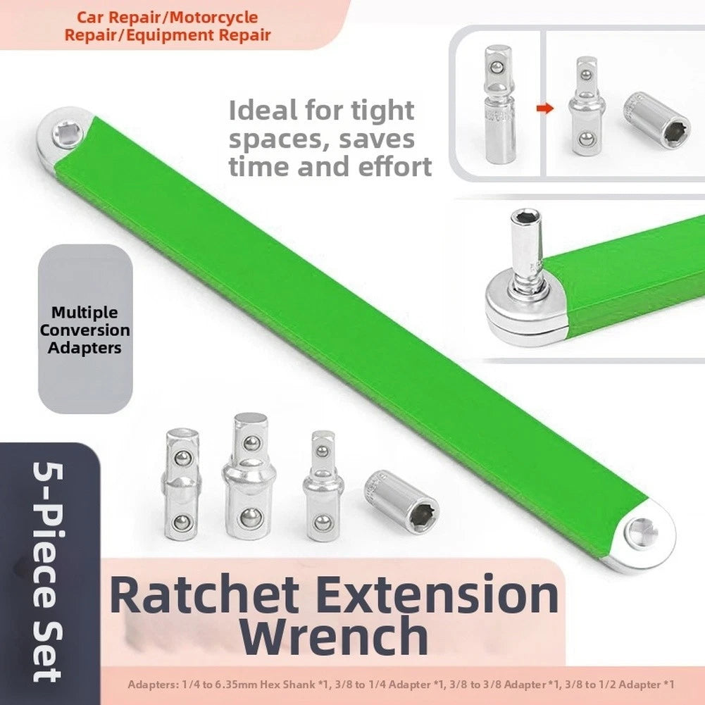 5 Piece Ratchet Extension Wrench Set with Alloy Steel and Various Adapter Sizes
