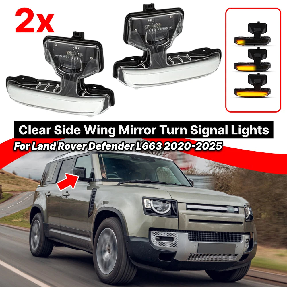 Clear LED Side Mirror Turn Signal Lights for Land Rover Defender L663 (2020–2025)