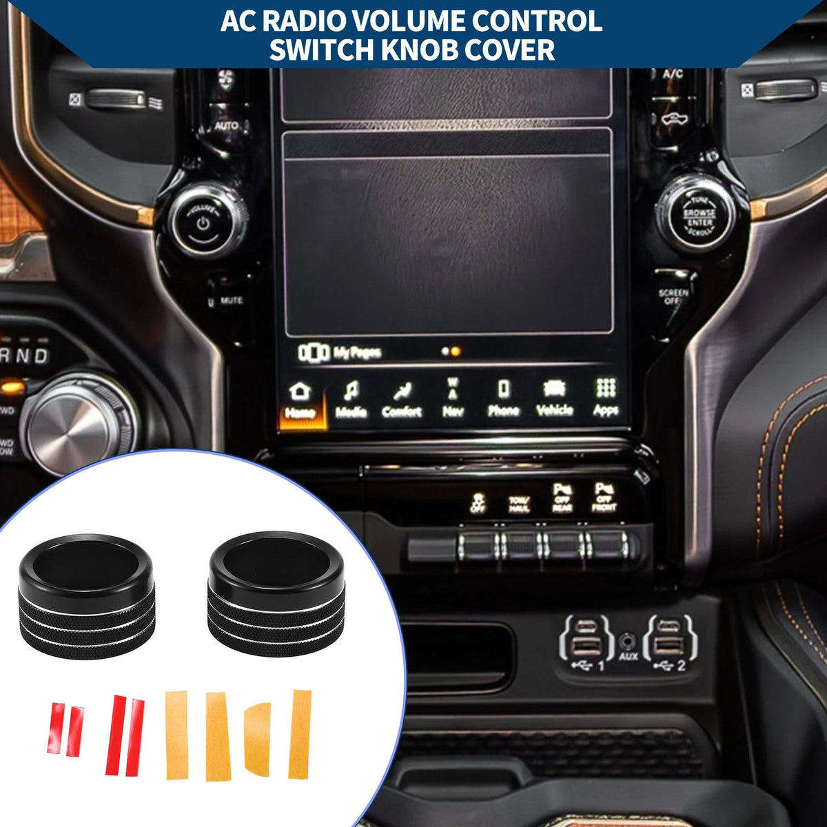 Media Radio Audio Tune Switch Knob Cover for Dodge Ram (2019–2022) Black 2 Pcs