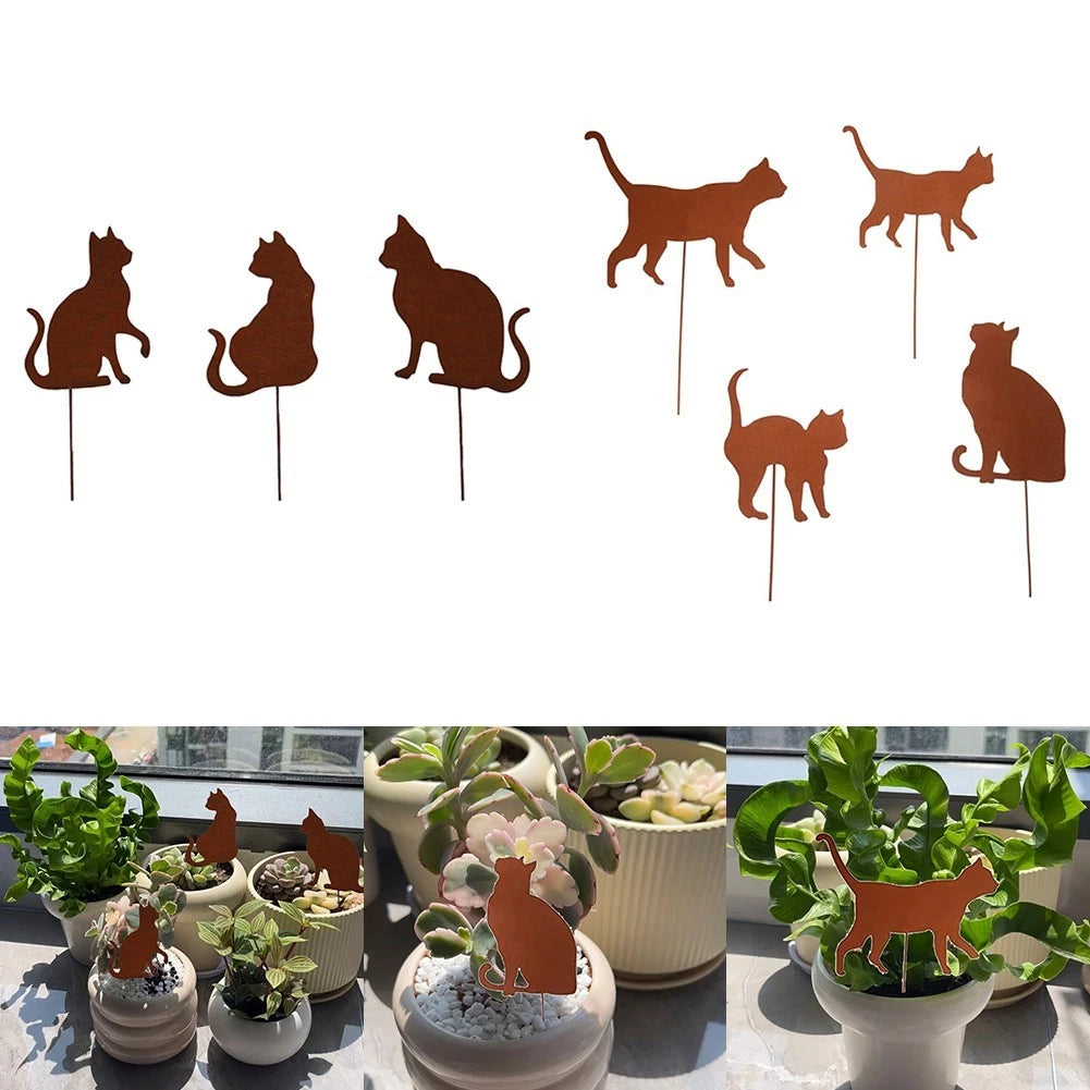 Set of 3 Rusty Cat Garden Stakes for Decoration