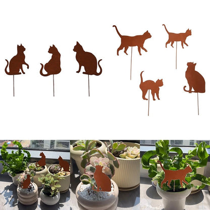 Set of 3 Rusty Cat Garden Stakes for Decoration