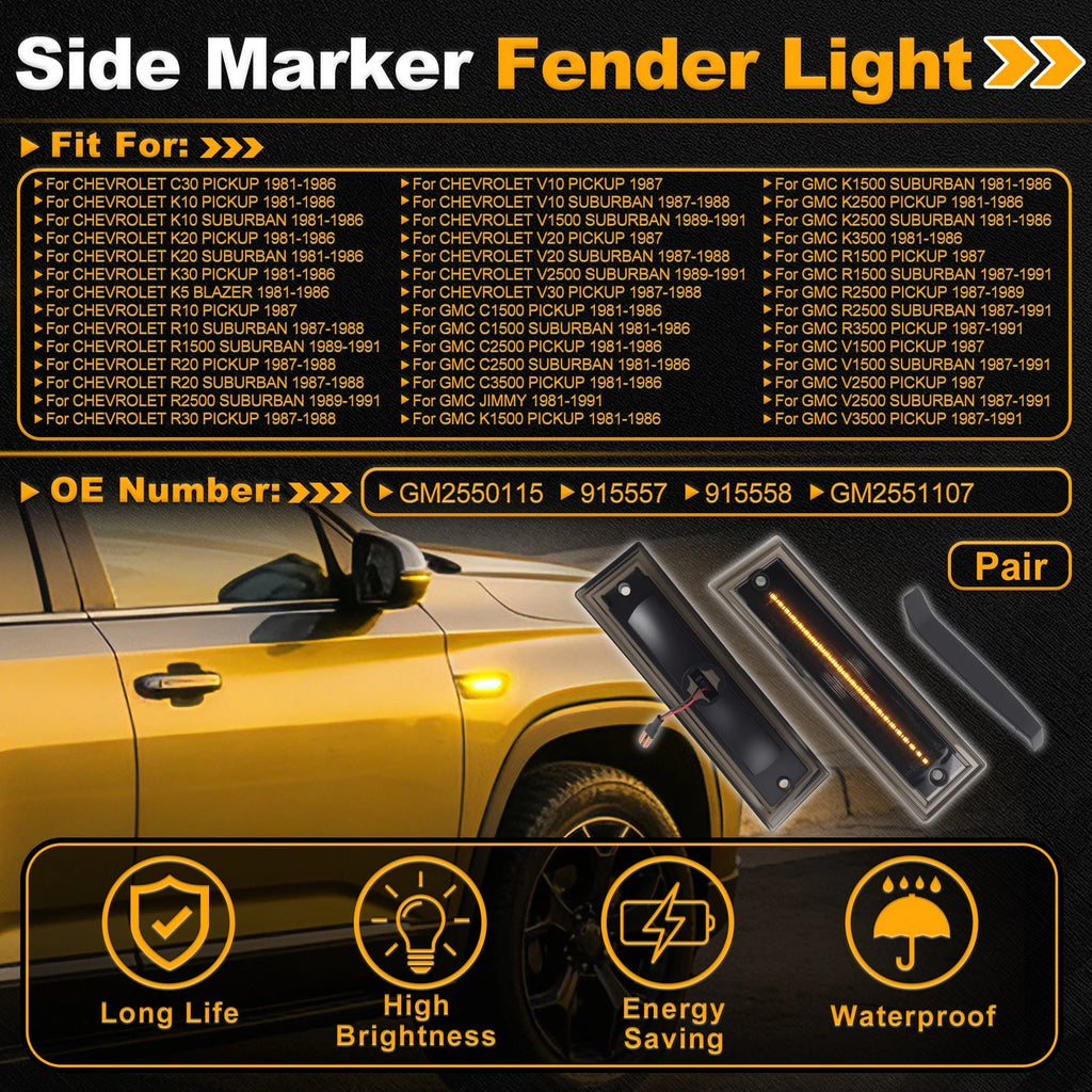 Side Marker Fender Light Left Right Replacement Set for Chevrolet Blazer (1987–1991)