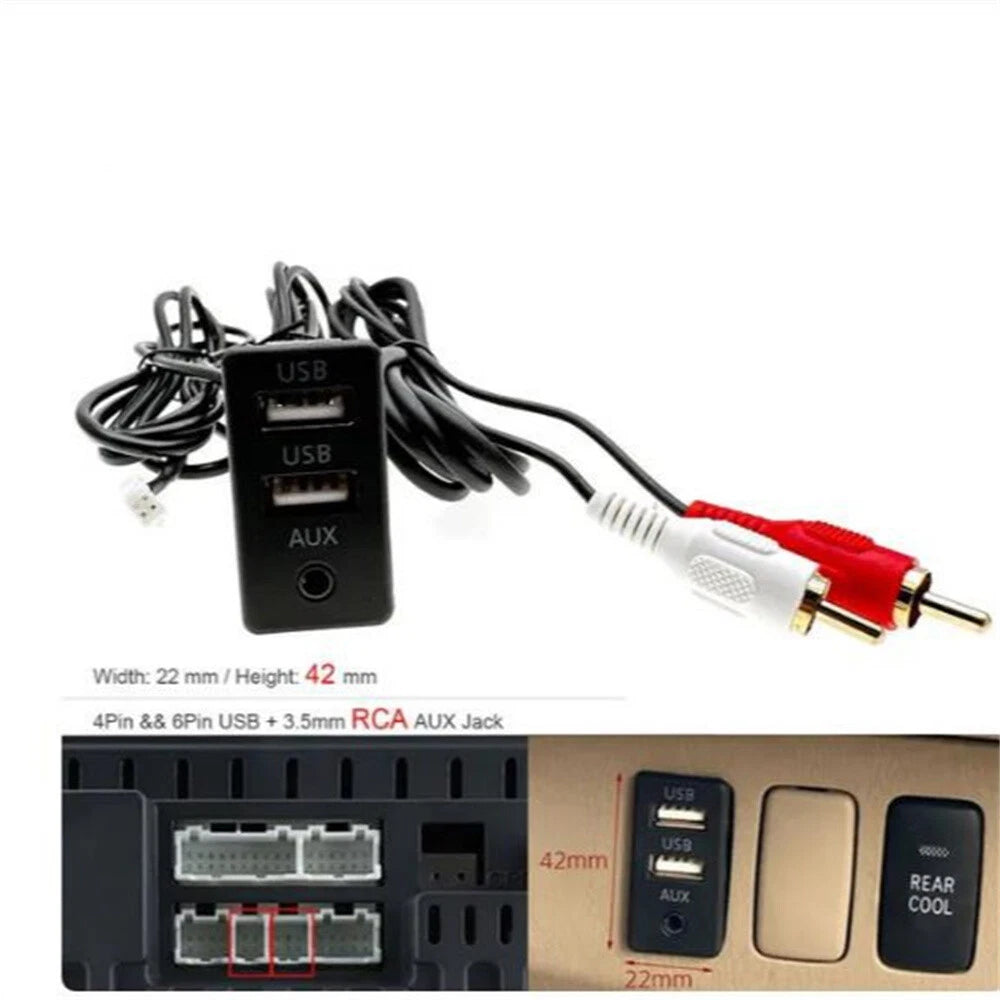 Dual USB + AUX Socket Panel RCA Audio Input Plug for Car Navigation (4 Pin, 6 Pin)