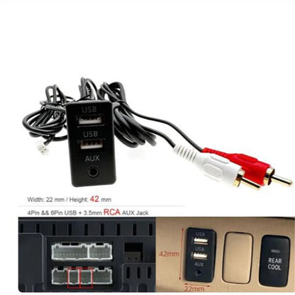 Dual USB + AUX Socket Panel RCA Audio Input Plug for Car Navigation (4 Pin, 6 Pin)