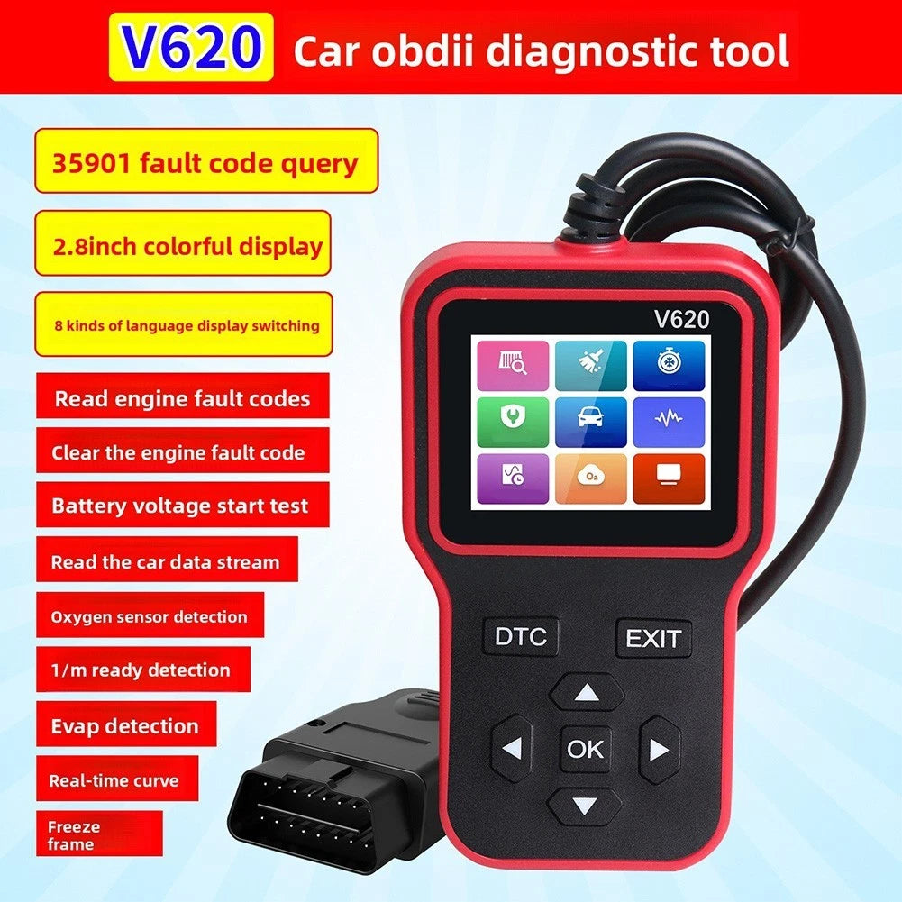 V620 OBD II Tool for Reading Fault Codes, Battery Voltage, EVAP Test
