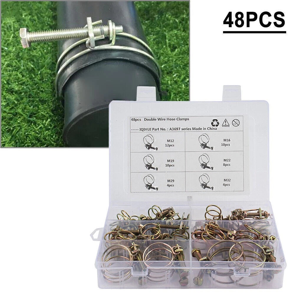 48PCS Double Wire Hose Clamp Kit for Universal Applications (Classic Type)