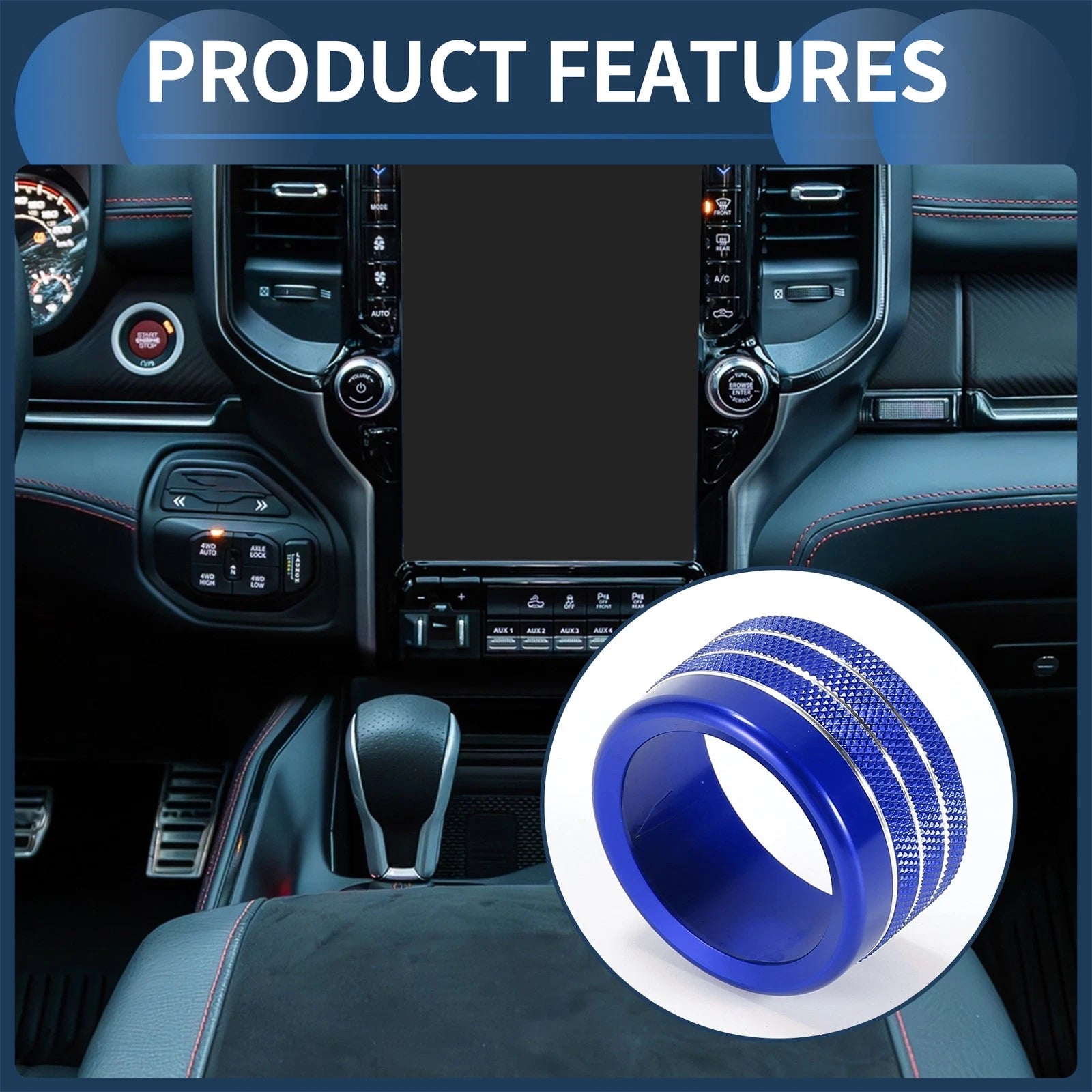Center Console Audio Media Switch Knob Cover for Dodge Ram (2019–2021) 2 Pcs Blue