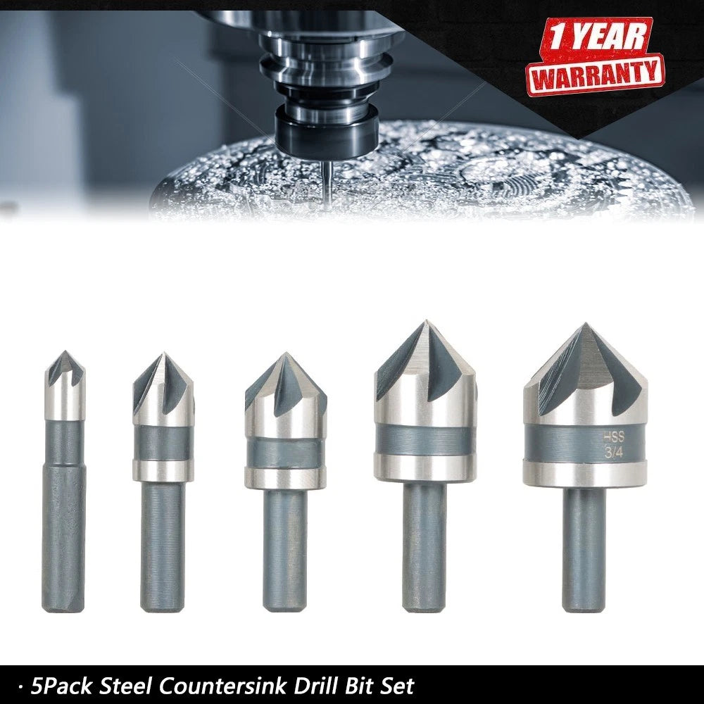5-Piece HSS Countersink Drill Bit Set for Metals, Wood, Plastic