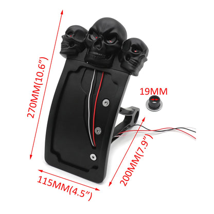 Black Curve Side Mount License Plate Bracket w/ Skull LED Tail Light for