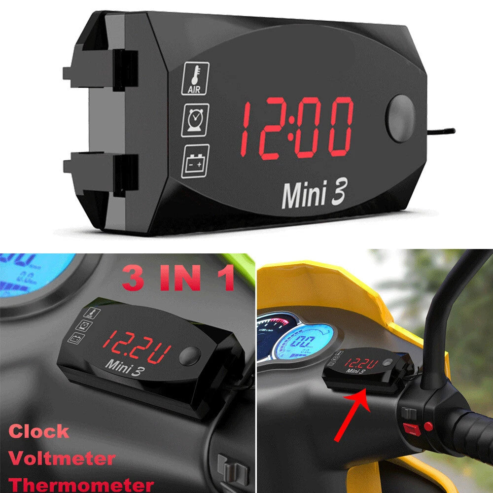 3in1 Red LED Motorcycle Voltmeter Voltage & Air Temperature & Time Clock Display