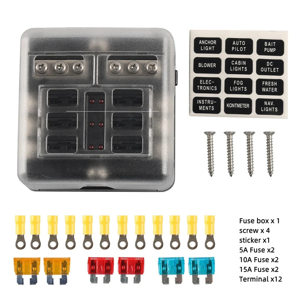 6-Way Fuse Box Holder for Marine (LED Warning Light Cover)