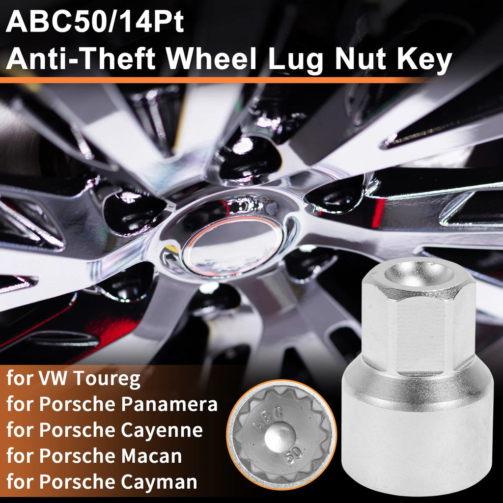 Wheel Lock Lug Nut for VW Touareg (2004–2017) - ABC50/14Pt, Key Socket Tool
