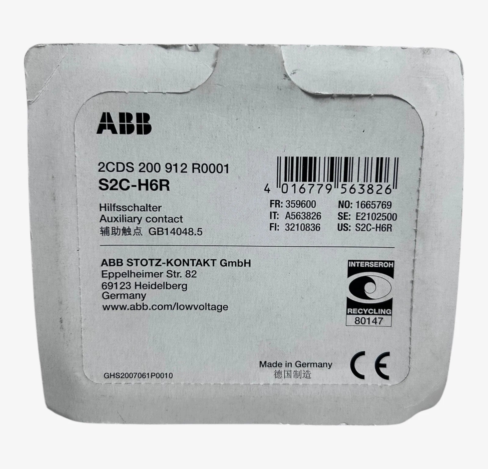 4X Auxiliary Contact ABB S2C-H6R for