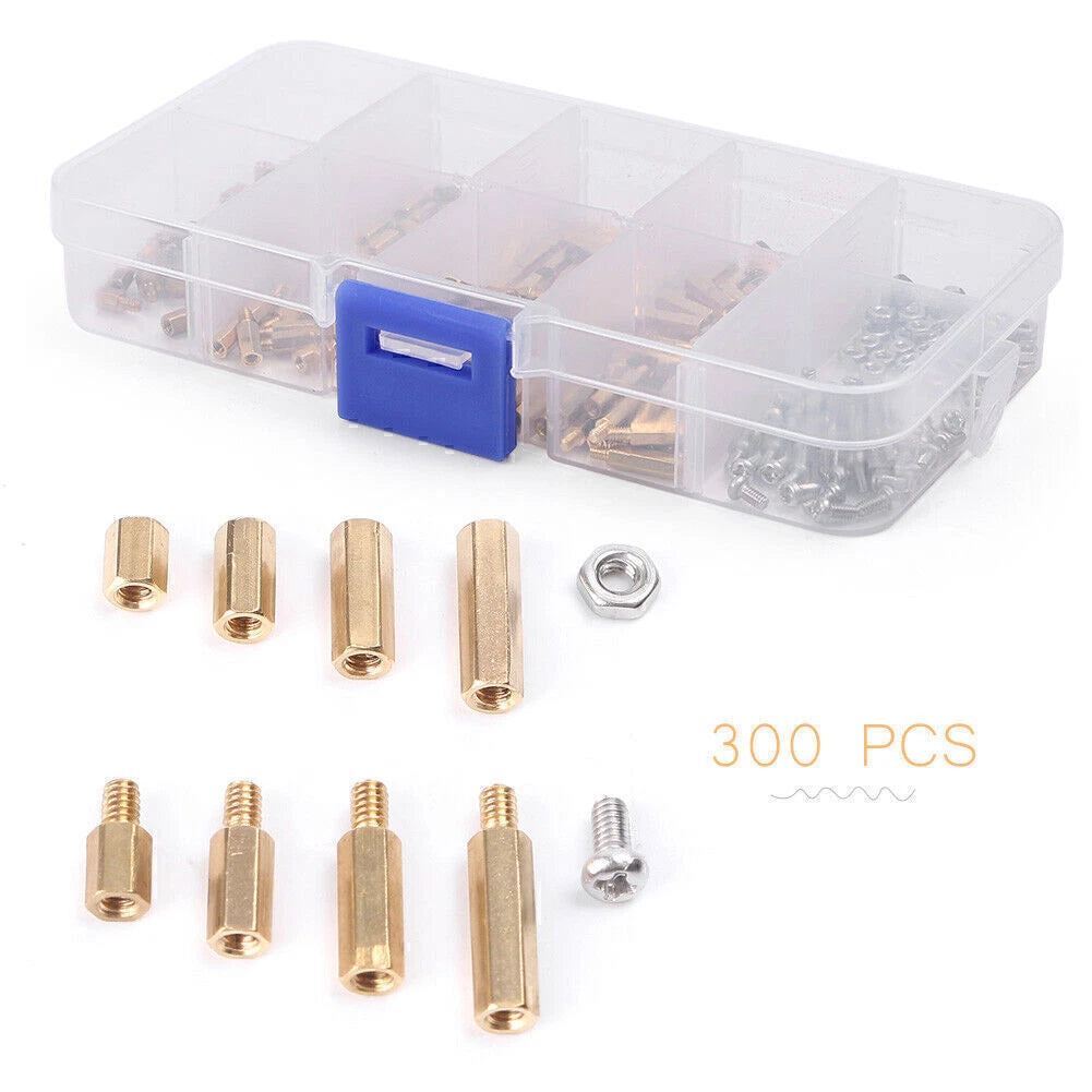 300x M2 Brass Hex Column Standoff Spacer Screw Nut AssortmentTool Plastic Box GZ