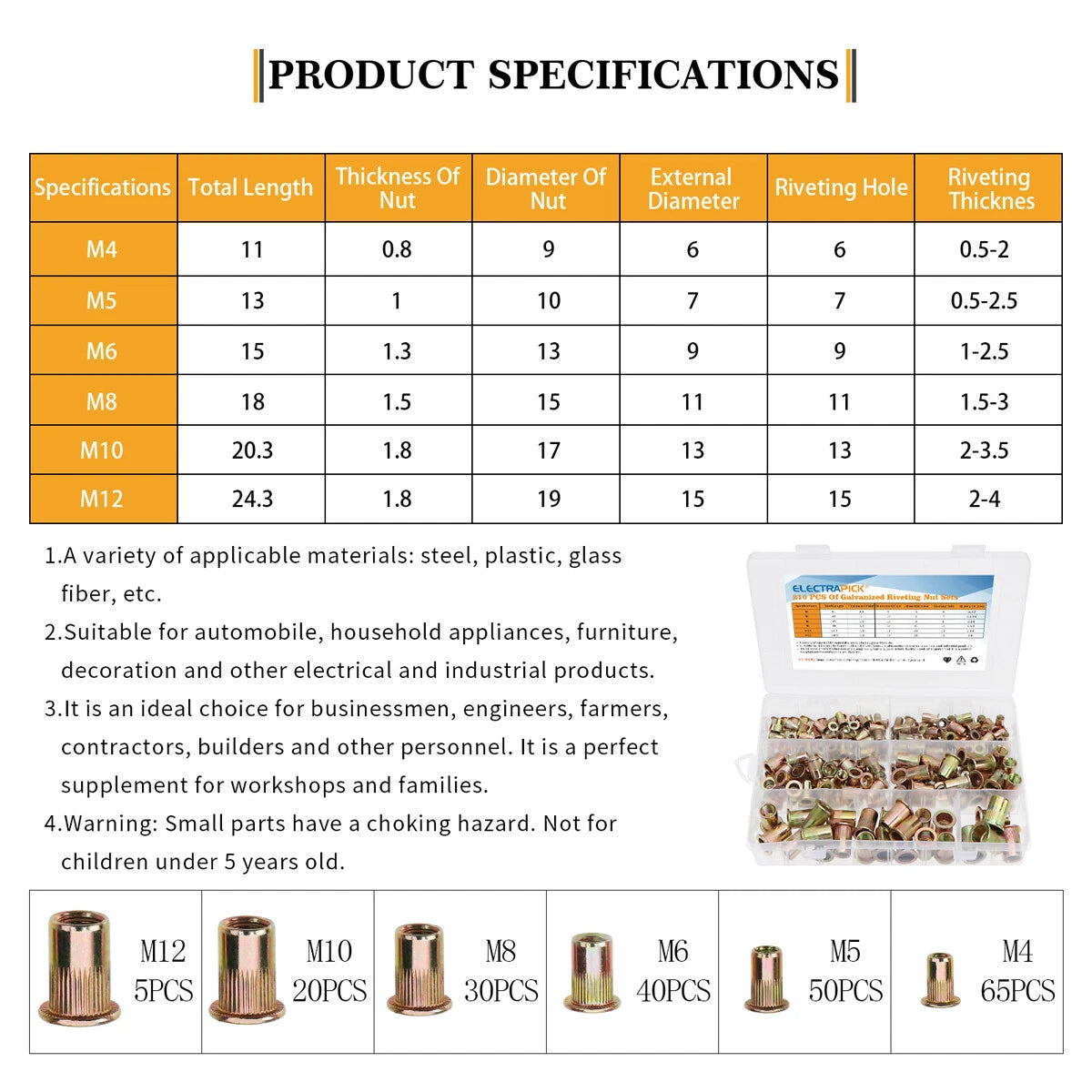 210PCS Rivet Nut Flat Head Threaded Insert for Universal Applications