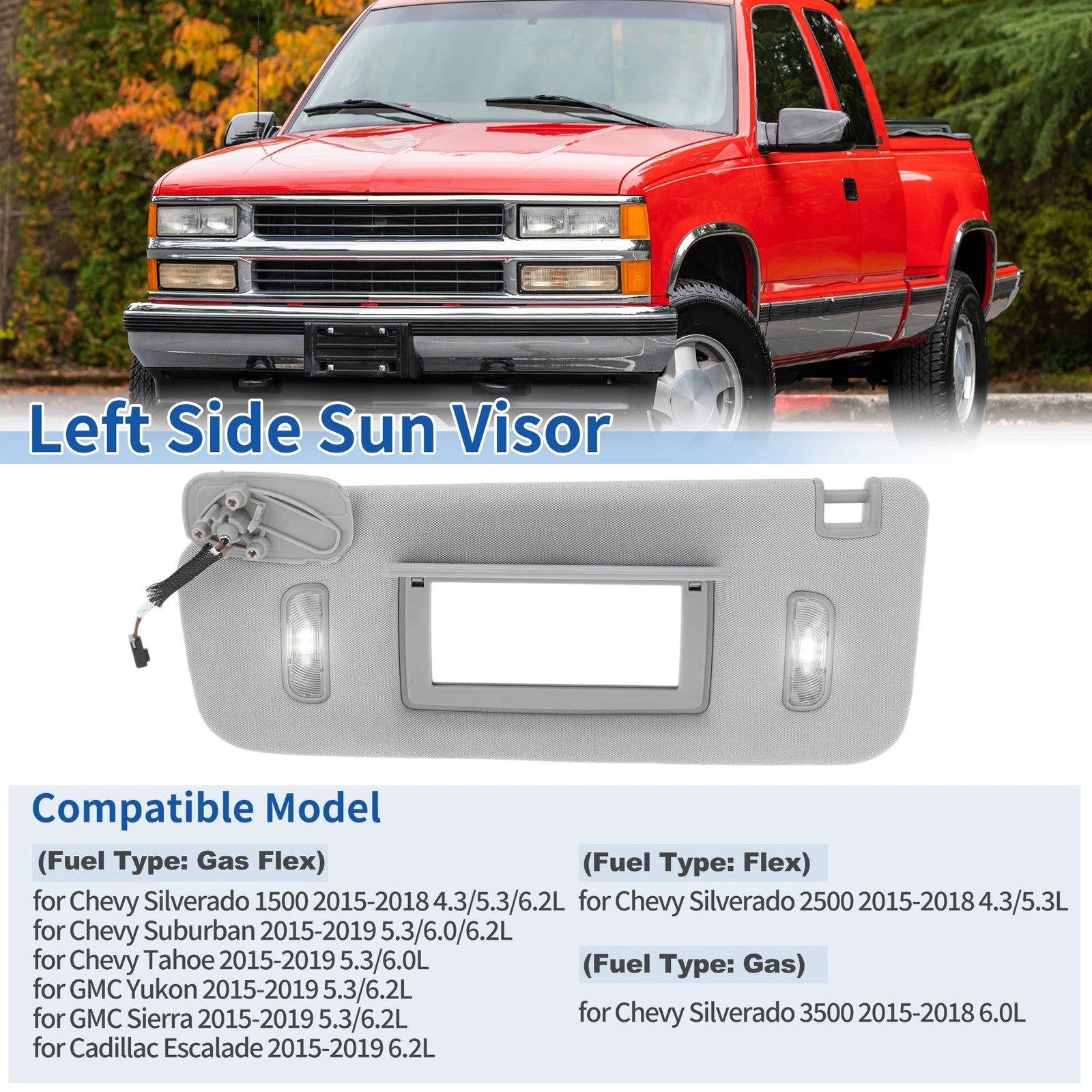 Left Side Sun Visor Replacement Fits for Chevrolet Silverado 1500 2500 3500 (2015–2018) Gray