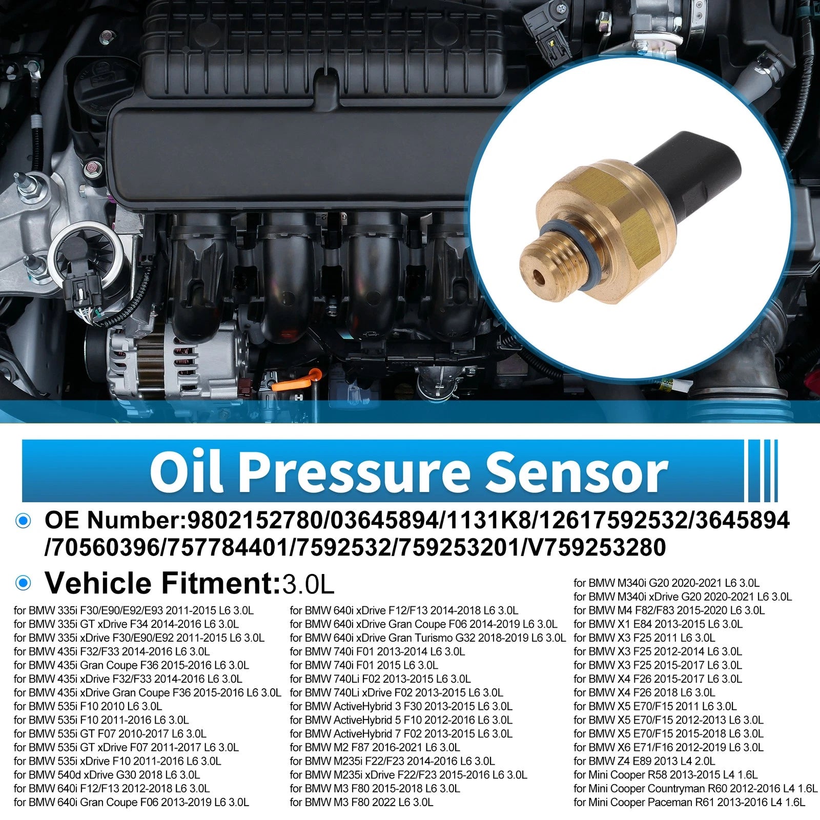 Engine Oil Pressure Sensor Replacement for BMW 335i 3.0L F30 E90 (2011–2018)