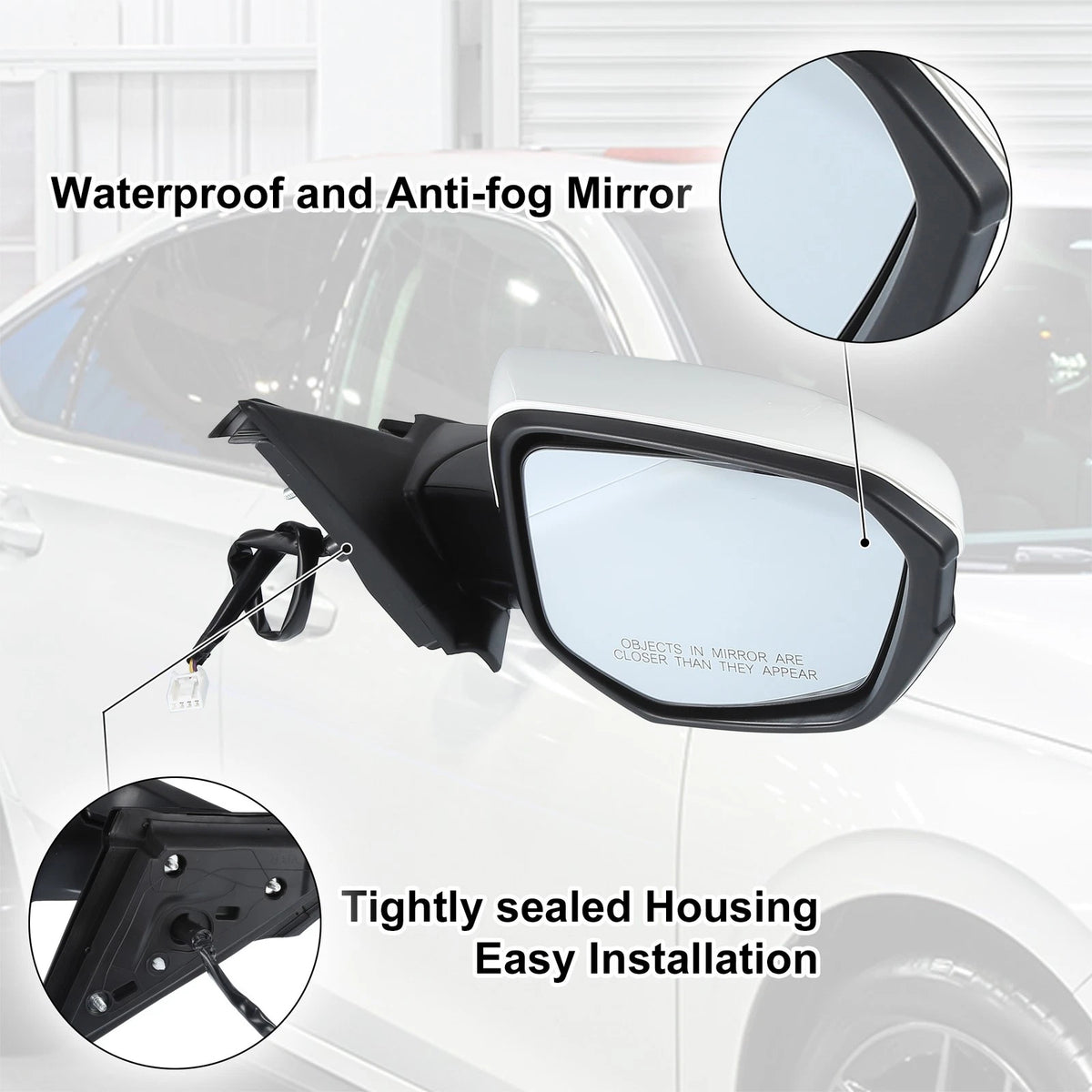 3 Pin Right Side Door Mirror Assembly Black for Honda Civic (2016–2021)