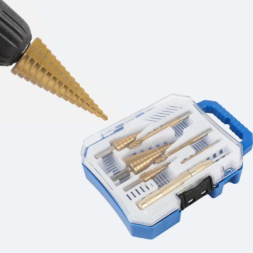Set of 4 Sheet Metal Step Drill Bits Titanium Coated