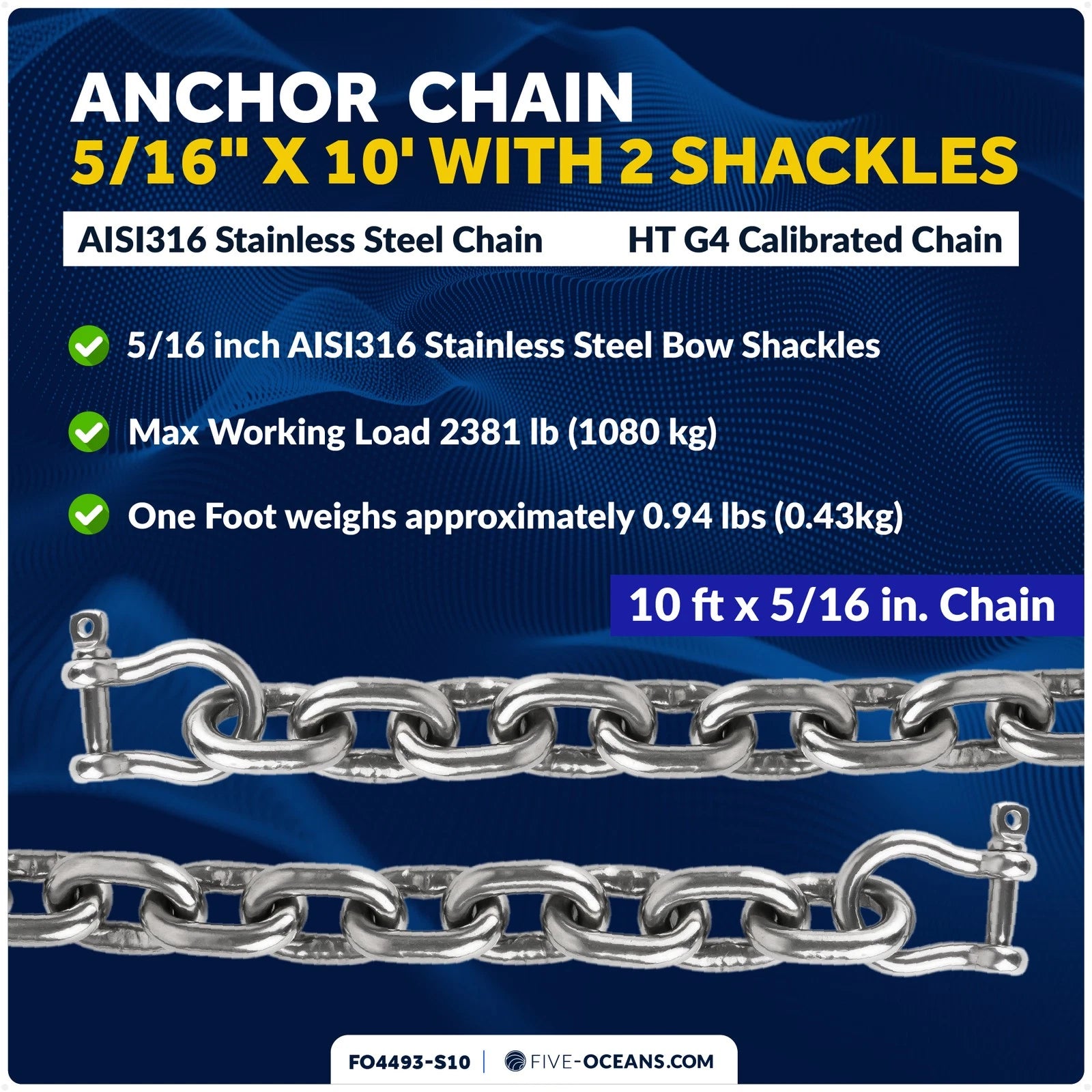 5/16" Boat Anchor Chain with 2 Shackles for Marine Use (HTG4)