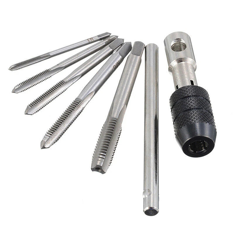 6Pcs Thread Tap & Wrench Drill Bit Set Metric M3 M4 M5 M6 M8