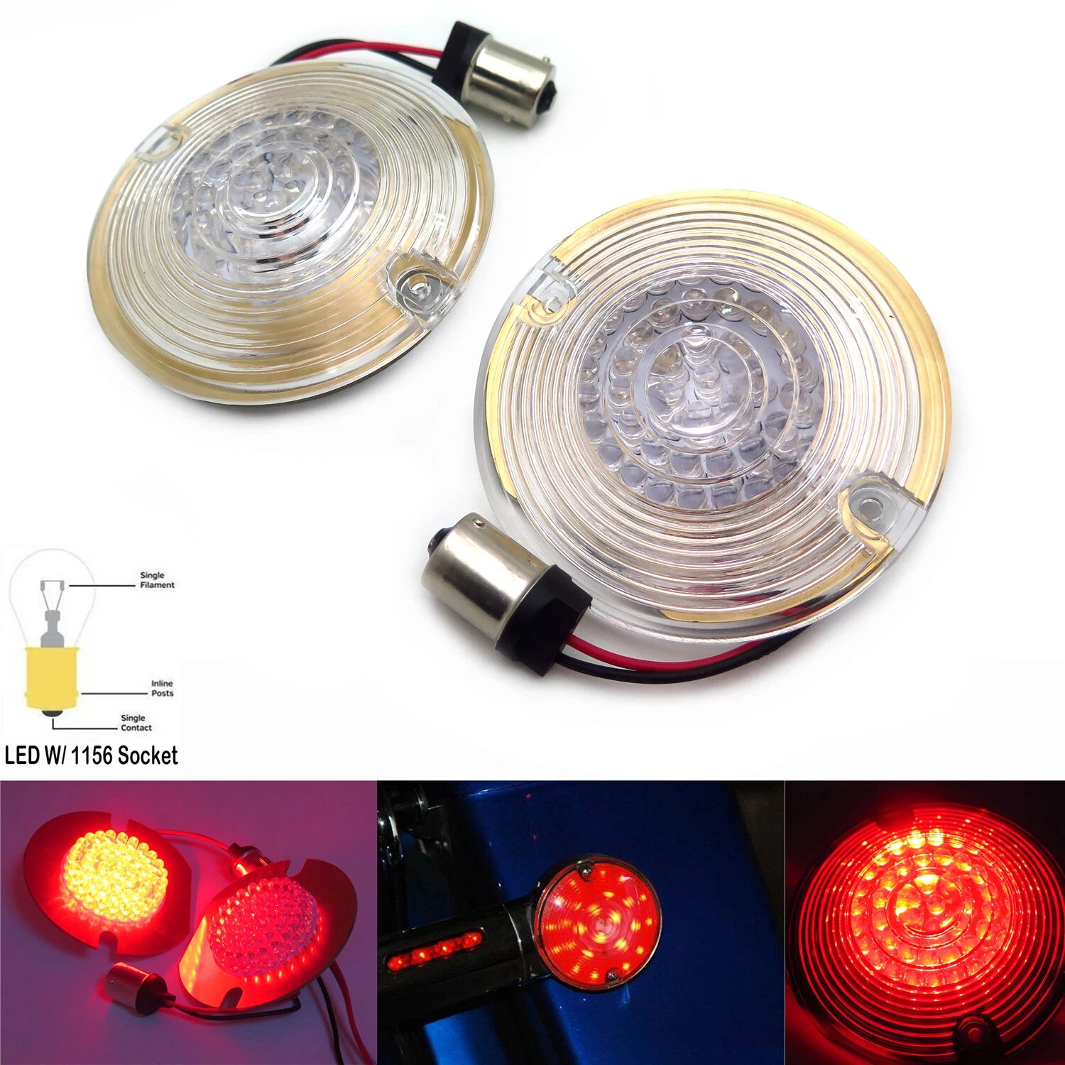 2X 3" Solid Red 1156 LED Flat Turn Signal Inserts for Harley