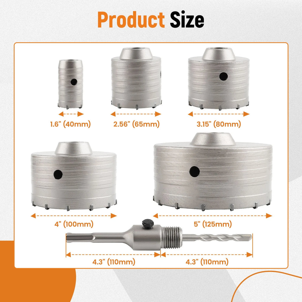 6PCS Concrete Hole Saw Kit 5 Inch for SDS Plus Drill Bits