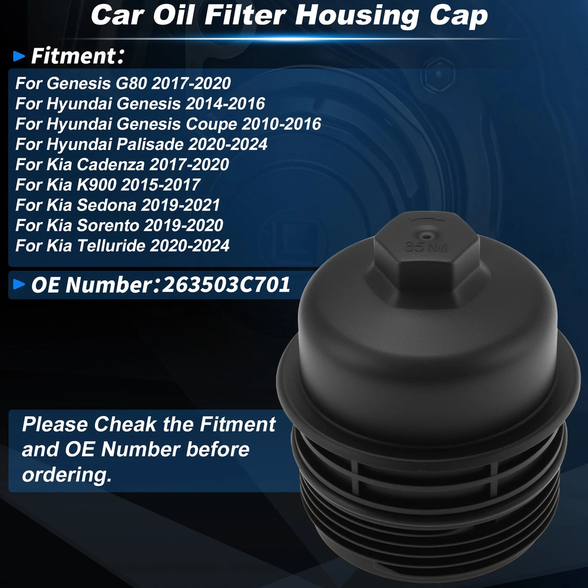 263503C701 Oil Filter Housing Cap for Genesis G80 (2017–2020) Black Plastic