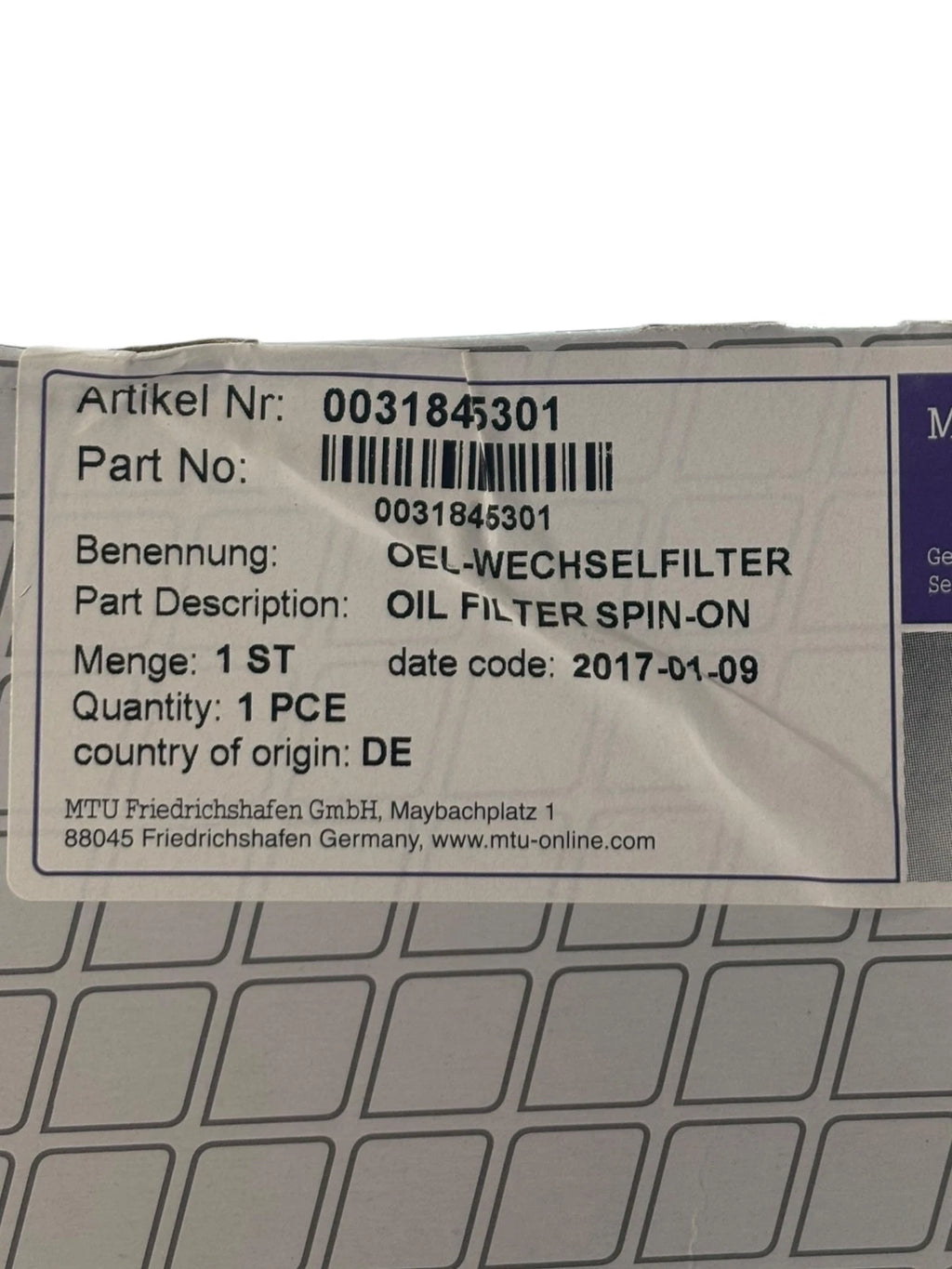 Spin-on Oil Filter for MTU ValueCare (0031845301)