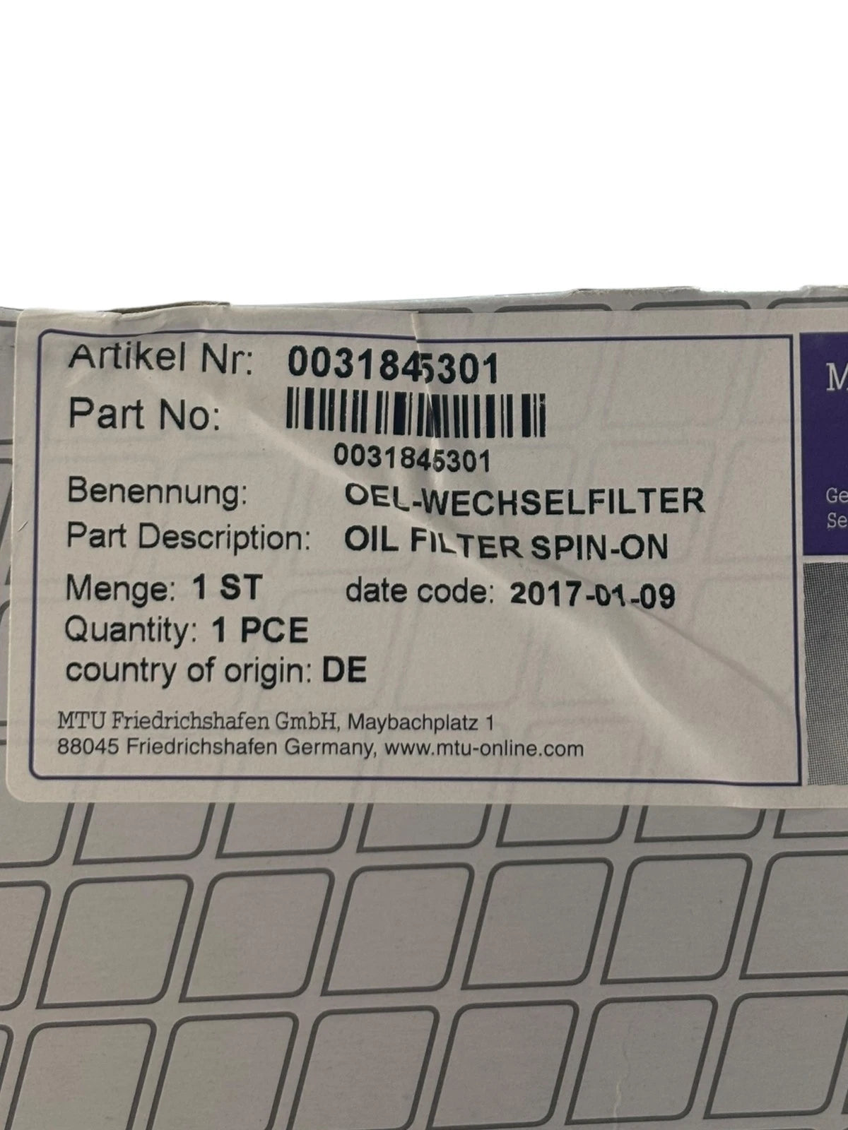 Spin-on Oil Filter for MTU ValueCare (0031845301)