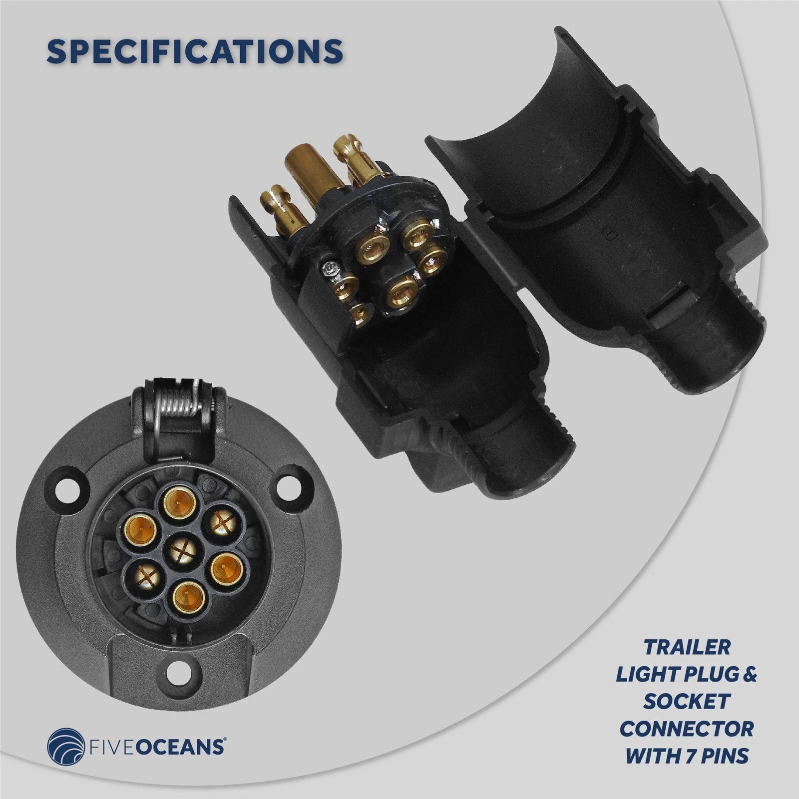 7-Way Round Trailer Plug Adapter and Socket for Five Oceans (FO2354-C1)
