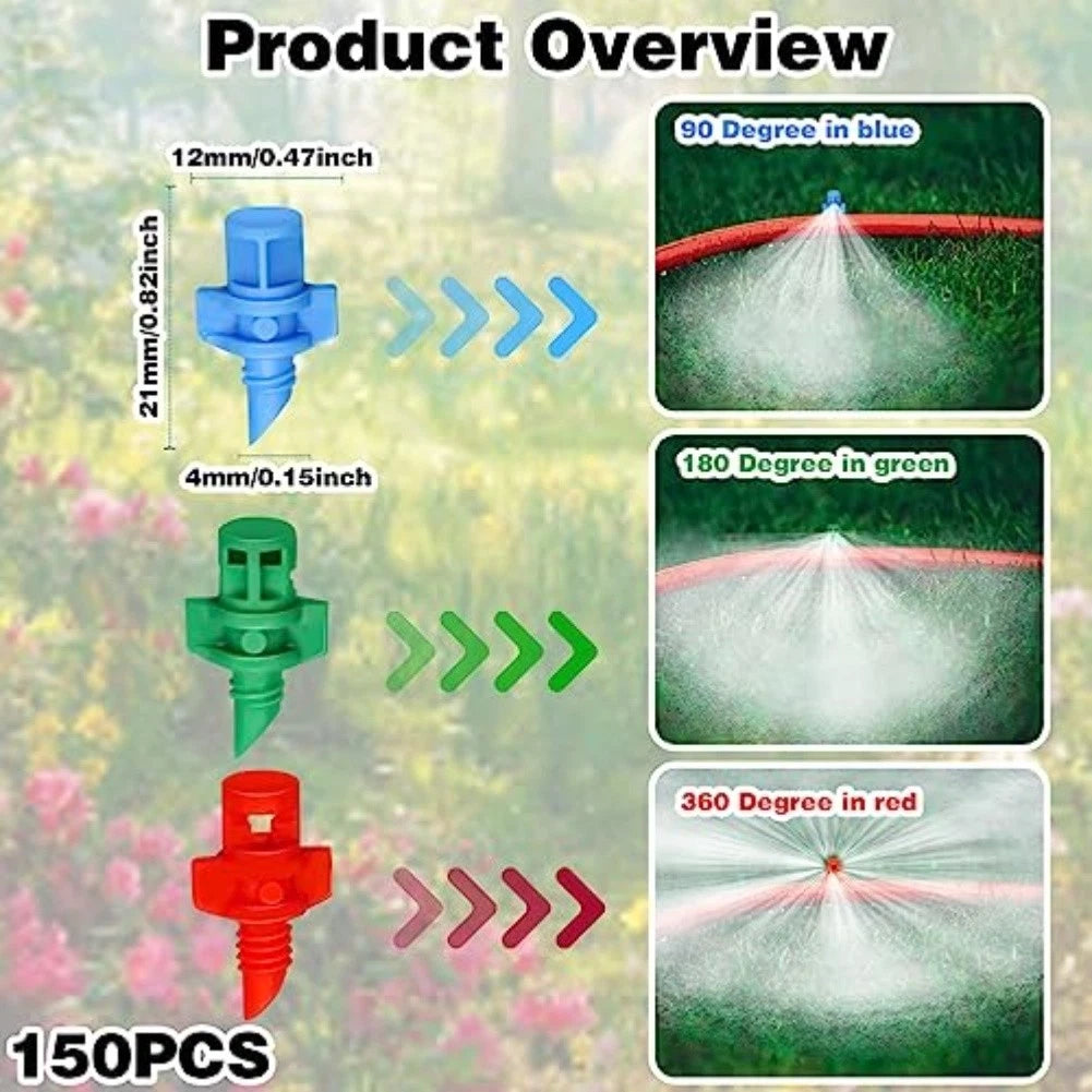 150pcs Adjustable Drip Irrigation Emitters for Plants (90° 180° 360° Nozzles)