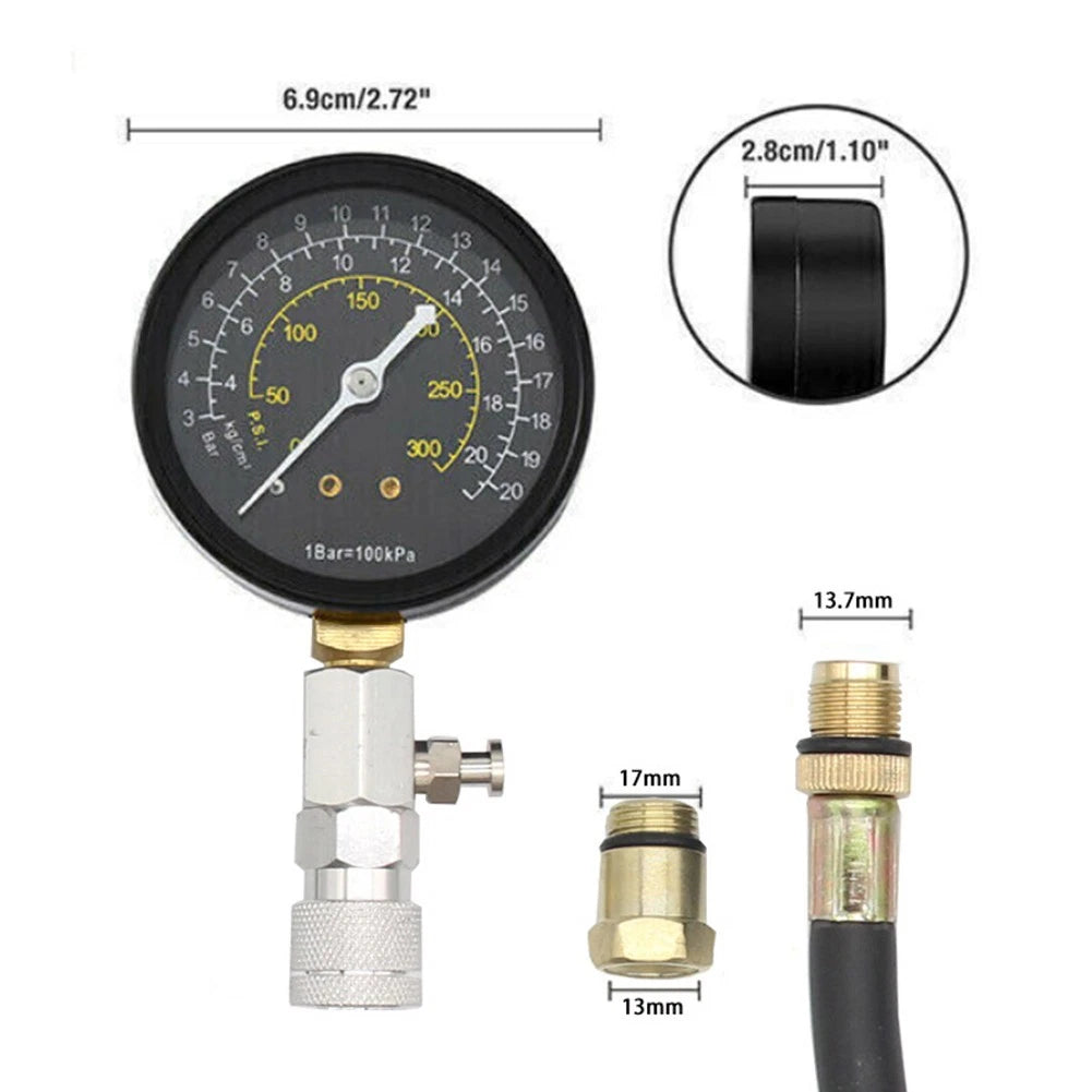 Engine Compression Test Kit with 0-300 PSI Gauge Metal Plastic Construction