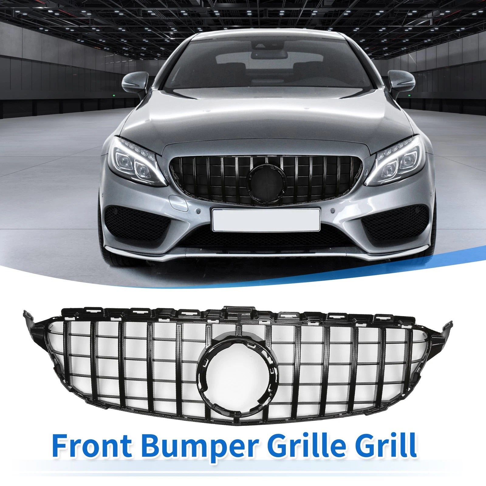 Front Upper Bumper Grille Grill Replacement for Mercedes-Benz C250 (2013-2016) Black