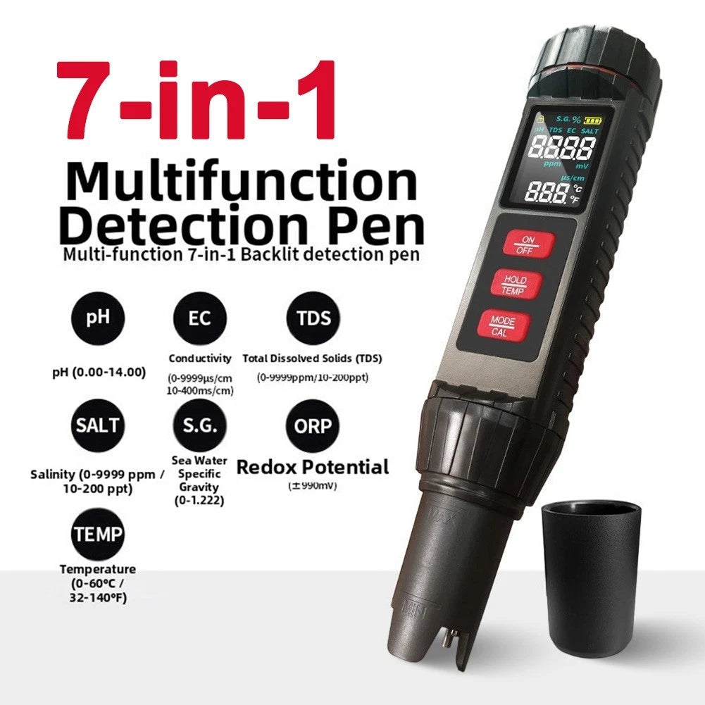 7-in-1 Water Quality Test Pen - pH Meter, Salt Concentration, ORP, Temp