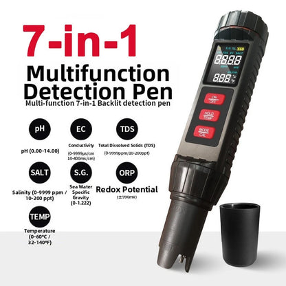 7-in-1 Water Quality Test Pen - pH Meter, Salt Concentration, ORP, Temp