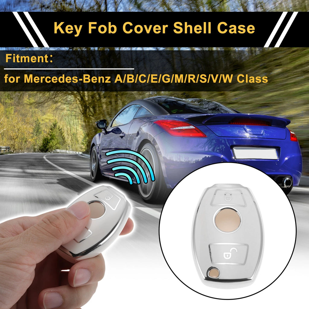 TPU Car Key Case White with Silver Edge for Mercedes-Benz 2 Button (2000–2025)