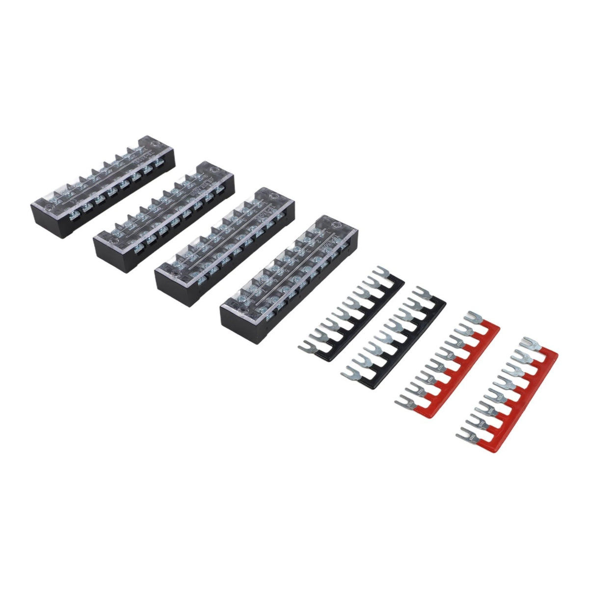 Set of 4 Terminal Blocks 600V 25A Double Row with Red Black Jumpers