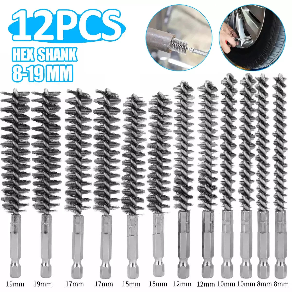 12PCS Stainless Steel Bore Brush Set for Power Drill Cleaning