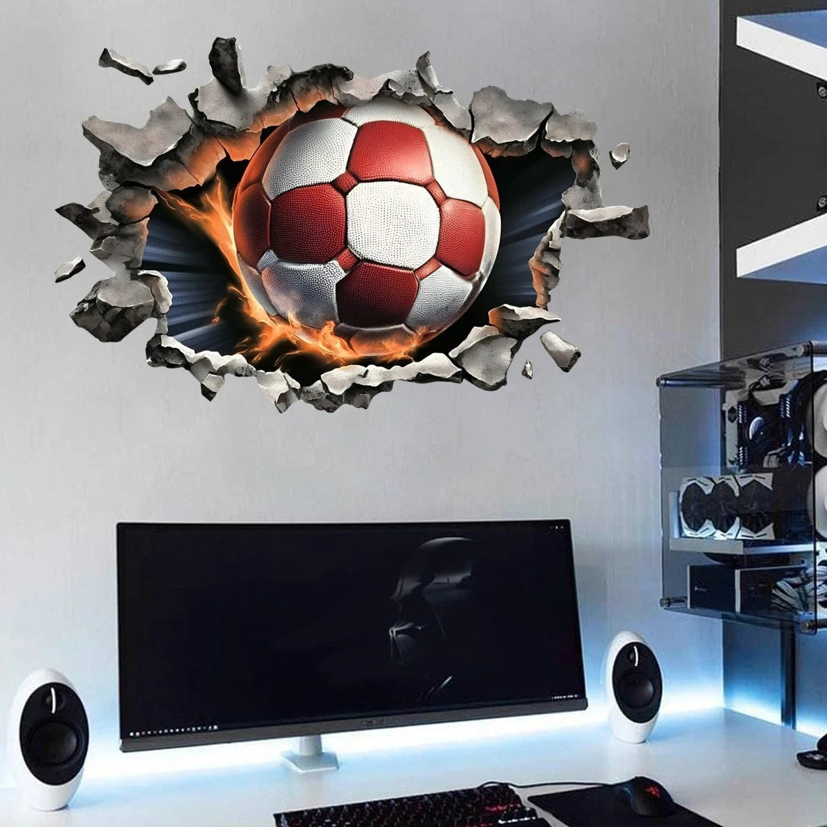 3D Soccer Ball Wall Decal with Realistic Concrete Crack (34.18 x 21.53 in)