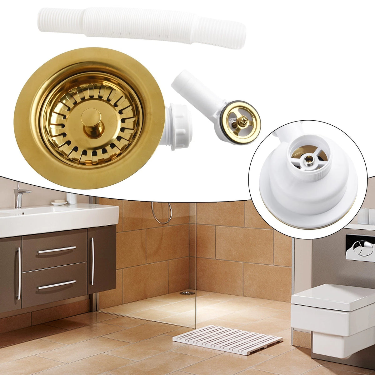 Elegant Gold-Plated Sink Downcomer Strainer with Overflow Prevention