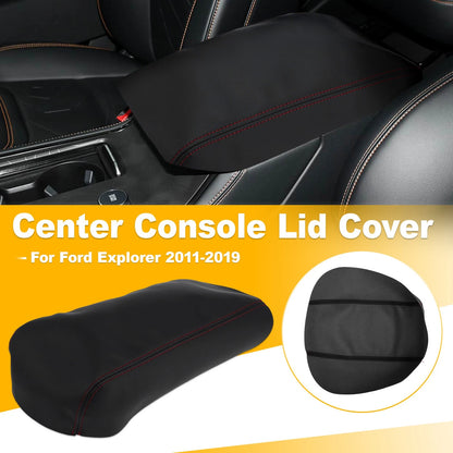 Leather Center Console Lid Armrest Cover for Ford Explorer (2011–2019) Red Stitch