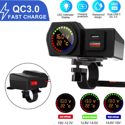 Motorcycle Dual USB Fast Charger Adapter QC 3.0 Type-C LED Voltmeter Waterproof