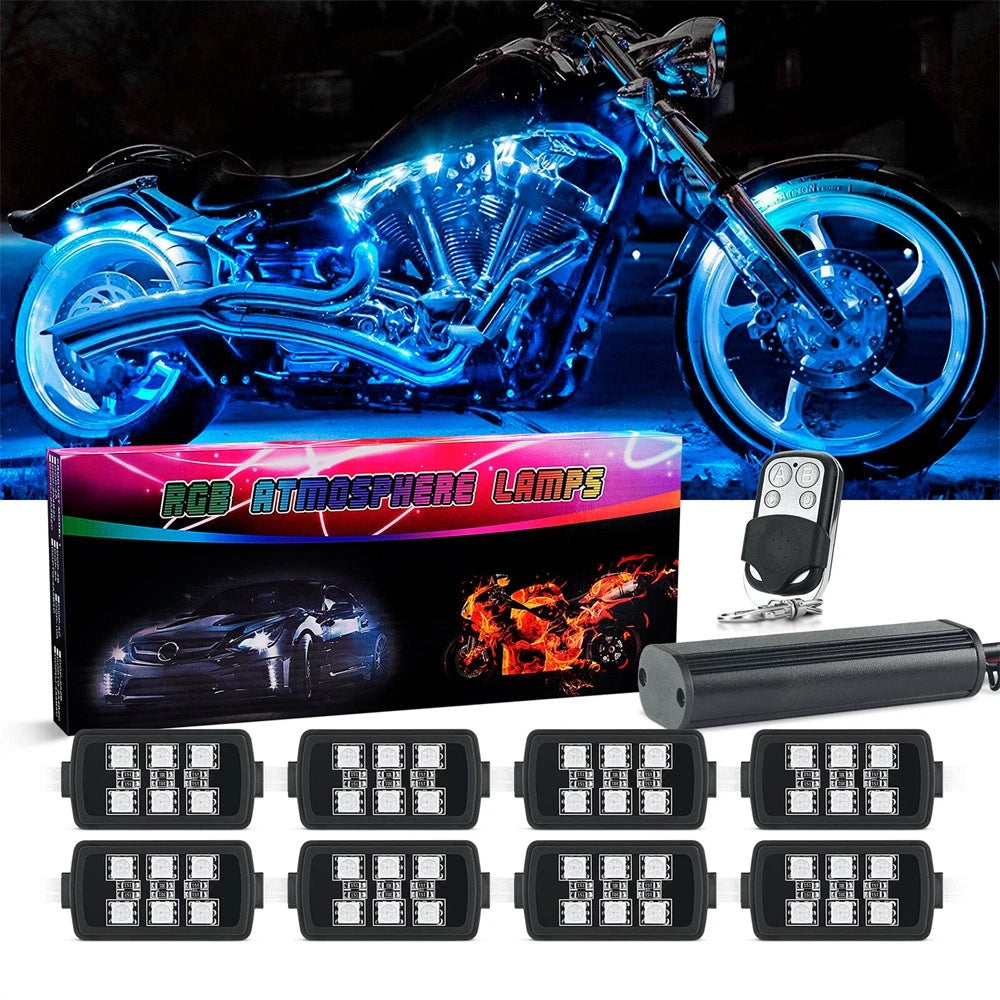 8 Pcs RGB Motorcycle Underglow Neon LED Accent Light Kit for Universal Models